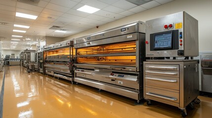 Obraz premium Industrial kitchen with large ovens and control panel.