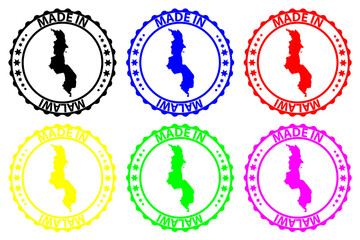 Made in Malawi - rubber stamp - vector, Malawi map pattern - black, blue, green, yellow, purple and red