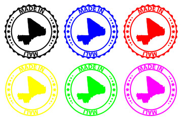 Made in Mali - rubber stamp - vector, Mali map pattern - black, blue, green, yellow, purple and red