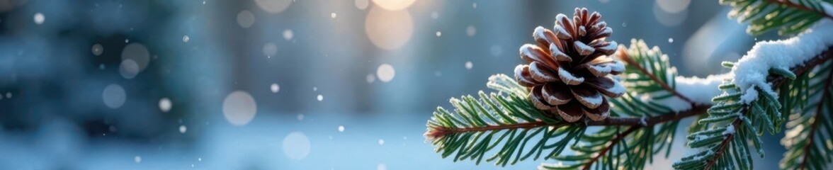 Fototapeta premium Frosty Pinecone Branch with Sparkling Snowflakes, winter scene, snow-covered foliage