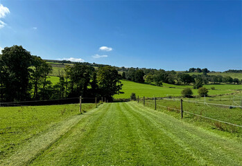 A neatly mowed path stretches across a verdant landscape under a clear blue sky. Rolling hills and scattered trees create a serene and lush countryside scene near, Barnoldswick, UK