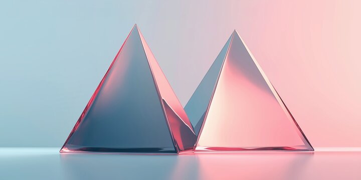 Sharp triangular prisms in pastel hues with sleek reflections, modern geometric