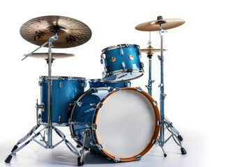 A blue drum set featuring a bass drum, snare, toms, cymbals, and stands for music performance. isolated on white background