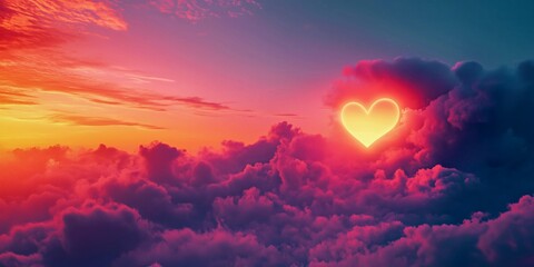 Glowing heart light in pink and orange sunset clouds