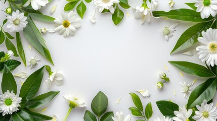 White Flowers and Green Leaves Frame on White Background
