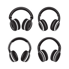 set of headphones silhouette, black and white silhouette, vector and illustration