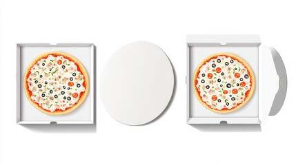 Pizza boxes set. Open and closed pizza pack, top or front view paper white carton mockup for restaurant meal delivery, fast food lunch. Realistic vector illustration