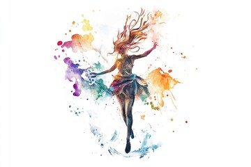 Watercolor illustration of a woman dancing, with floral patterns and whimsical design