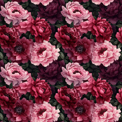 Obraz premium Elegant floral painting seamless pattern with red, burgundy and pink peonies, leaves, flowers. Ornate floral background. Luxury renaissance wallpapers. Repeated design for decor, textile, print