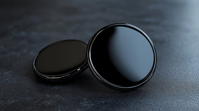 Black pin badge mockup top and bottom view. Blank glossy rectangle brooch tag with rounded corners for merch template. 3d realistic vector illustration of empty promotional and advertising souvenir.