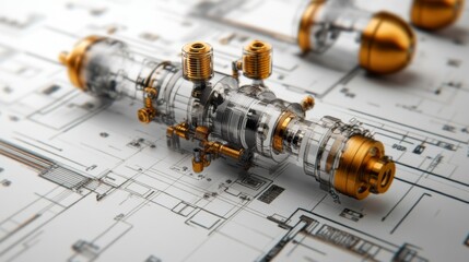Detailed Rendering of a Complex Mechanical Component on Engineering Blueprint Background with Precision Parts and Technical Design Elements Showcasing Innovation