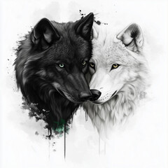 Fototapeta premium Realistic depiction of two wolves — a black one with green eyes and a white one with yellow eyes, rendered in an artistic style with a striped background