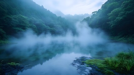 Obraz premium Misty Forested Lake Landscape with Ethereal Atmosphere and Tranquil Reflection