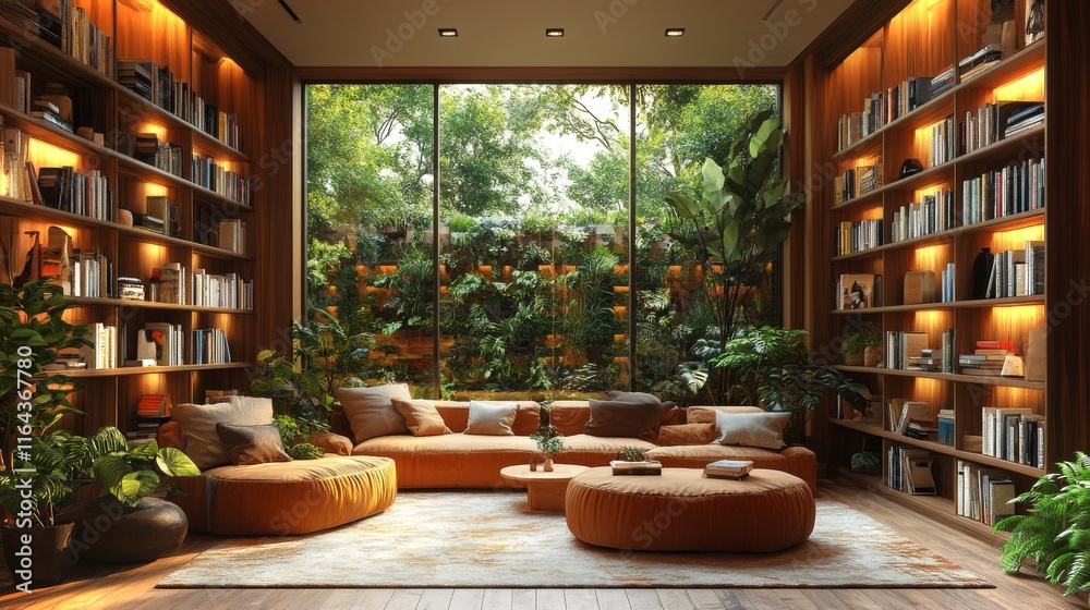 Poster a warm and inviting living room features a plush orange sofa and circular cushions. large windows op