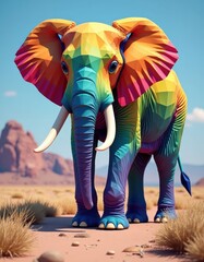 Rainbow colored elephant standing in desert landscape