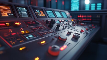 Futuristic Control Console with Illuminated Buttons and High-Tech Display for Science Fiction and Technology Innovations in Industry and Space Exploration