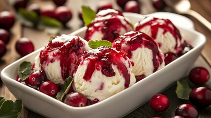 Vanilla Ice Cream Scoops Topped With Cranberry Sauce