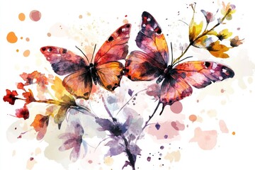 A delicate watercolor illustration of three colorful butterflies perched on a branch, ready to take flight