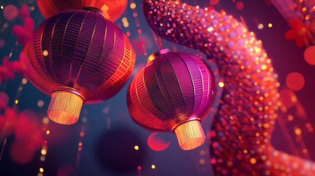 Happy Chinese New Year of the Snake 2025. Vector 3d modern abstract illustration of geometric chinese lanterns, sequin pattern, floral ornament for China greeting card, poster, background or postcard