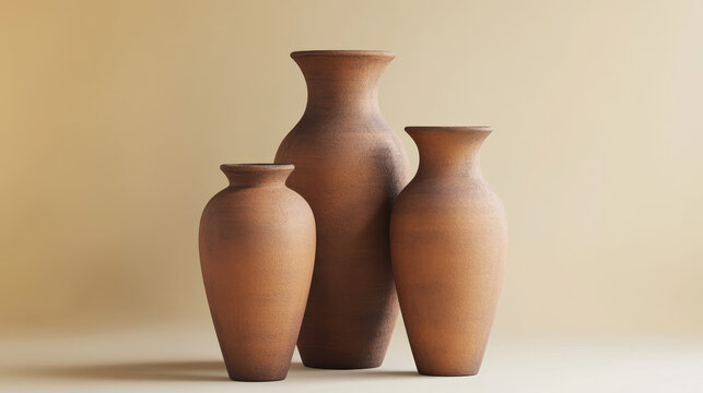 3d brown ceramic flower pot. Terracotta vase isolated porcelain tube. cylinder pipe bottle collection. Decorative pottery sculpture empty mockup. Vertical tall clay vessel or urn render design.