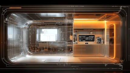 Obraz premium Futuristic Interior Design Concept Featuring High-Tech Kitchen and Living Space with Minimalist Aesthetic and Innovative Lighting Solutions