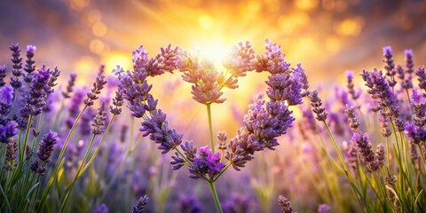Obraz premium Heart-shaped lavender blossoms bathed in the warm glow of a setting sun, creating a romantic and serene scene in a field of purple flowers.