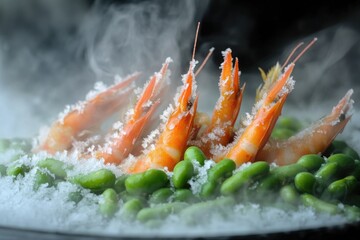 A warm plate of shrimp and peas on a table surrounded by snow