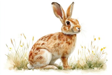 Fototapeta premium A watercolor painting of a rabbit sitting in the grass, great for nature or outdoor themed projects