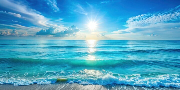 Serene ocean waves gently rolling onto a sandy shore under a brilliant sunrise sky