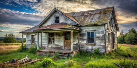 Obraz premium Rustic weathered farmhouse standing alone in a field of tall grass under a dramatic sunset sky