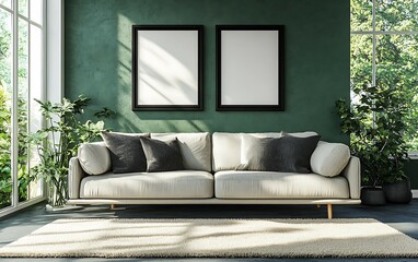 Modern living room interior with beige sofa, green wall, and large windows.