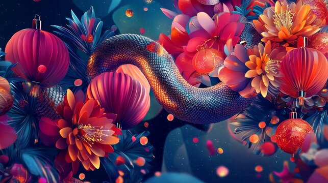 Happy Chinese New Year of the Snake 2025. Vector 3d modern abstract illustration of geometric chinese lanterns, sequin pattern, floral ornament for China greeting card, poster, background or postcard - Powered by Adobe