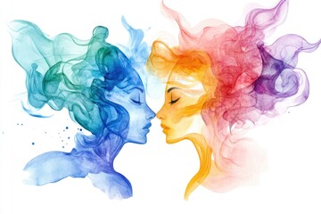 Two young women with vibrant hair colors standing opposite each other, possibly in a friendship or celebratory moment