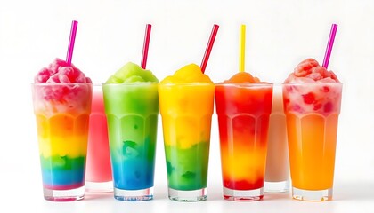 cups with rainbow colored slush ice drinks, row on white background