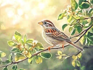 Fototapeta premium A sparrow sits on a tree branch in the morning at sunrise.