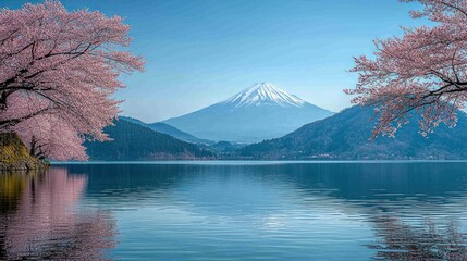 Fototapeta premium Serene view of Mount Fuji with cherry blossoms.