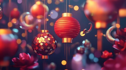 Happy Chinese New Year of the Snake 2025. Vector 3d modern abstract illustration of geometric chinese lanterns, sequin pattern, floral ornament for China greeting card, poster, background or postcard