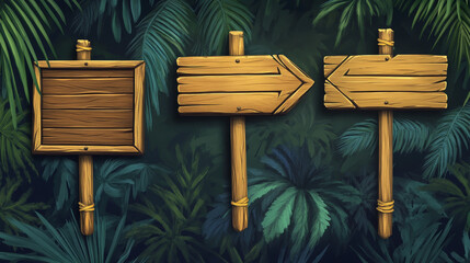 Wood pointer bamboo game ui frame vector. Direction arrow sign board on stick set. Isolated tropical jungle beach information panel for menu interface. Blank guidepost button icon gui collection
