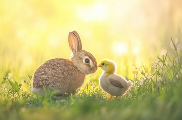 Obraz premium Sweet Bunny and Chick Friendship in Spring Meadow, Captured in Soft Light as They Greet Each Other with Innocent Curiosity and Joyful Connection in Nature's Embrace