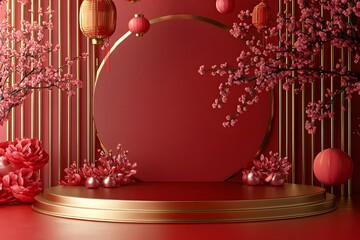 3D Chinese New Year red podium with lanterns gift boxes Chinese element background. perfect for Spring Festival, online shop, greeting cards, and premium design projects