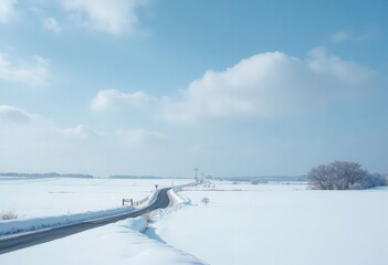 Snowy road through fields under blue cloudy sky