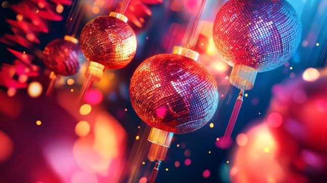 Happy Chinese New Year of the Snake 2025. Vector 3d modern abstract illustration of geometric chinese lanterns, sequin pattern, floral ornament for China greeting card, poster, background or postcard