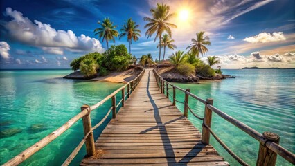Fototapeta premium Wooden walkway leading to a tropical island paradise at sunset