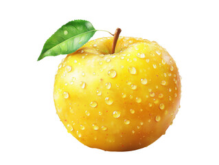 Realistic Yellow Apple with Dew Drops on Transparent Background
