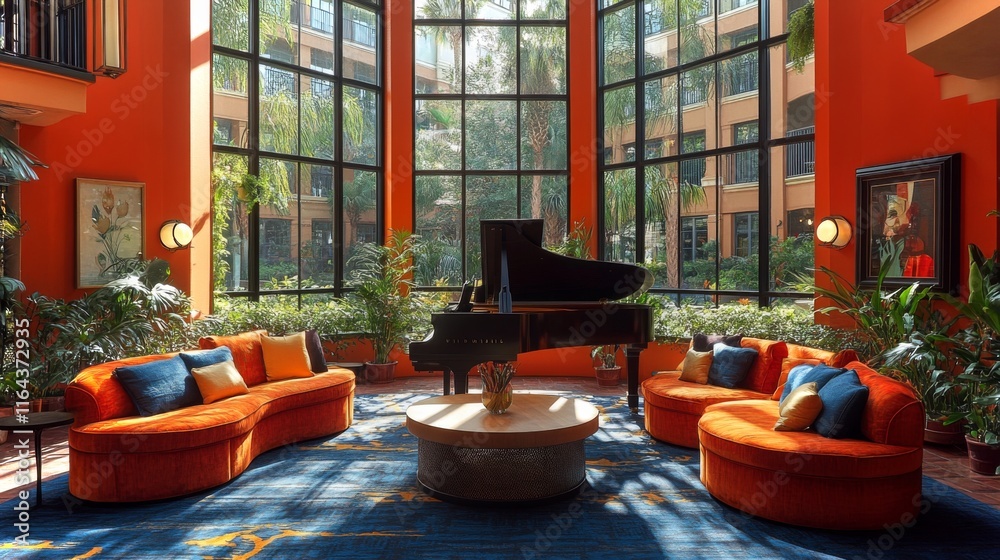 Poster bright and inviting lobby features a grand piano surrounded by lush plants and orange sofas, designe
