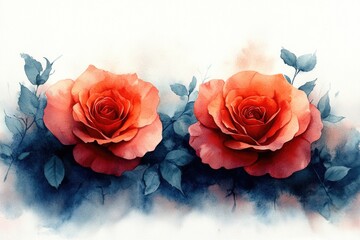 A beautiful still life image featuring two orange roses surrounded by green leaves