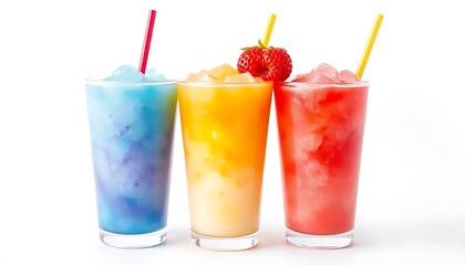 cups with rainbow colored slush ice drinks, row on white background