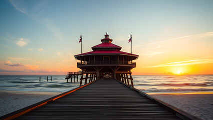 Surreal Scene of Historic Bradenton Beach Fishing Pier at Sunset on Anna Maria Island, Florida