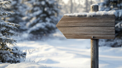 Wooden signboard covered with snow and ice for winter and Christmas design. Rectangular, round and arrow cartoon vector road sign with wood texture. Snowy brown blank board and banner for text.