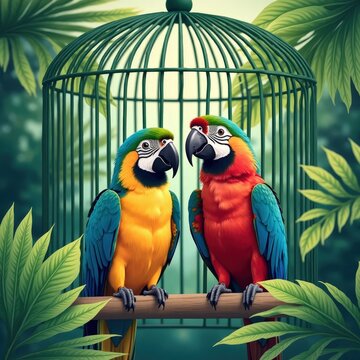 Two colorful parrots on perch, cage and leaves in background